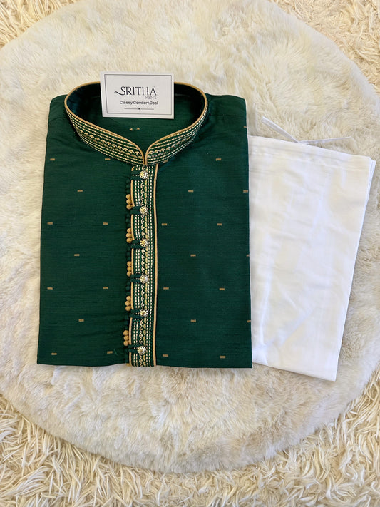 SM0724-04-01 Dark Green & Gold Silk Blend Kurta Set