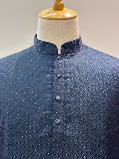 SM0225-02-07 Navy Blue & Green Embroidery Jacquard Kurta Set