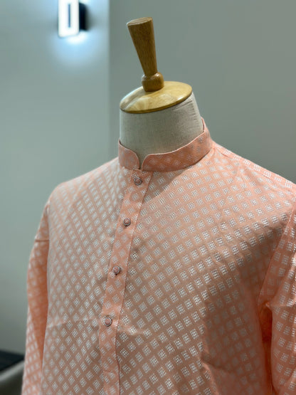 SM1024-02-07 Peach Pink Jacquard Silk Blend Kurta Set