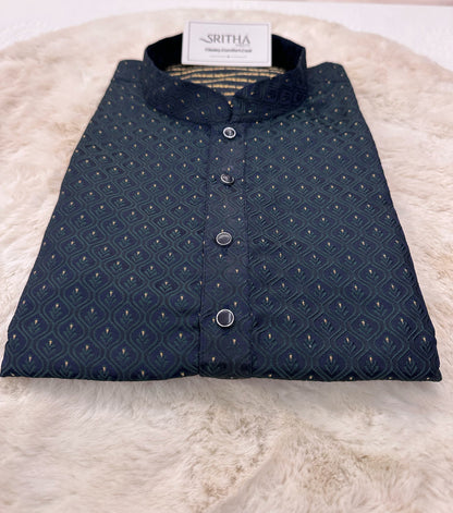SM0225-02-07 Navy Blue & Green Embroidery Jacquard Kurta Set