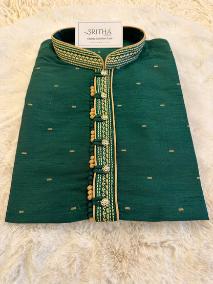 SM0724-04-01 Dark Green & Gold Silk Blend Kurta Set