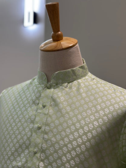 SM0225-02-03 Light Green & Silver Jacquard Silk Blend Kurta Set