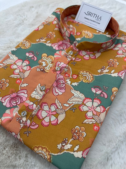 SM0325-01-13 Mustard, Green & Peach Floral Soft Khadi Silk