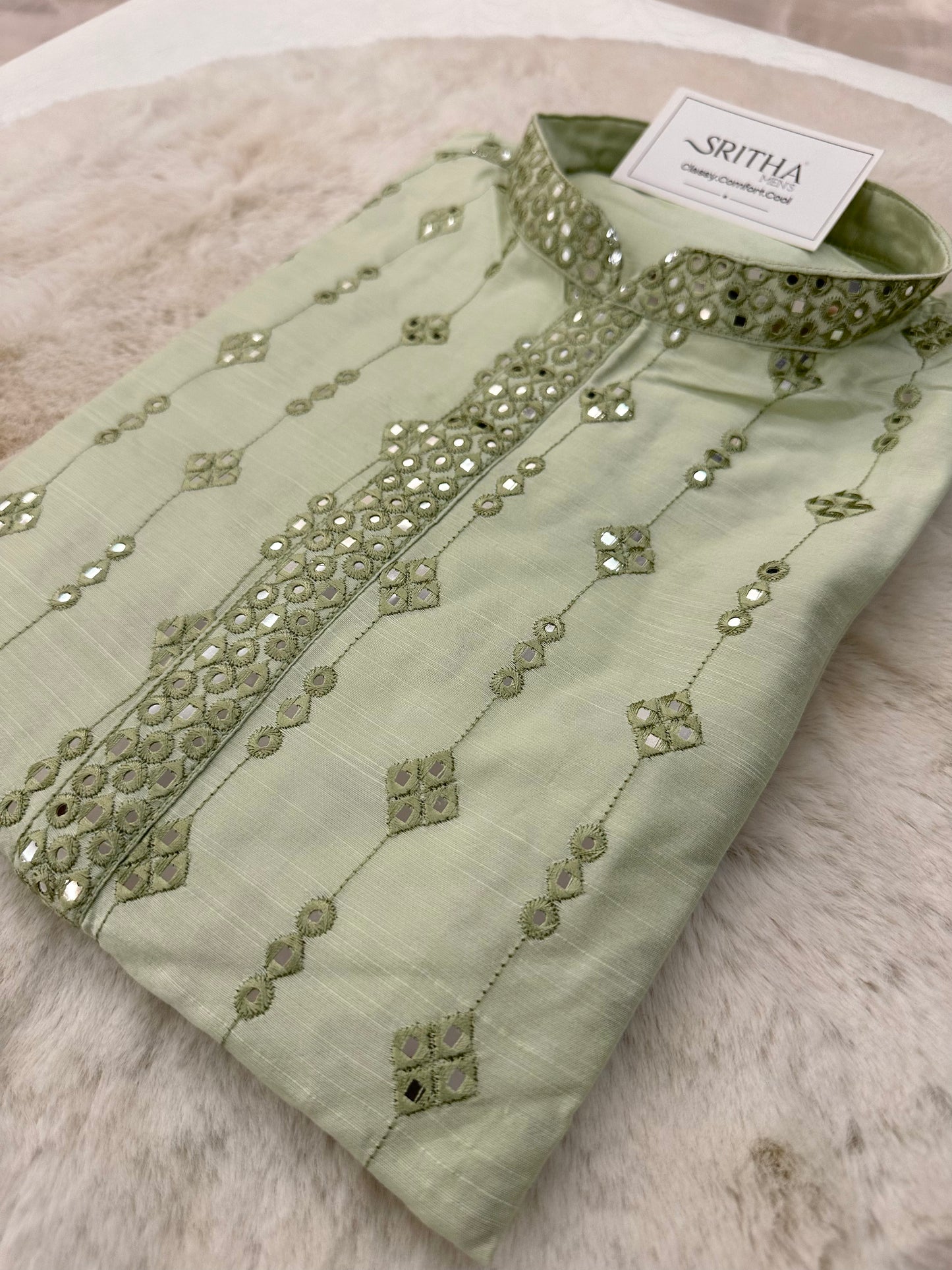 SM0325-06-05 Light Green Grand Mirror Work Soft Cotton Blend Kurta Set