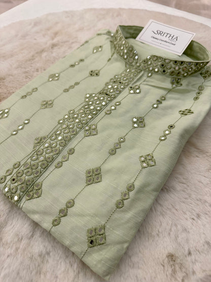 SM0325-06-05 Light Green Grand Mirror Work Soft Cotton Blend Kurta Set