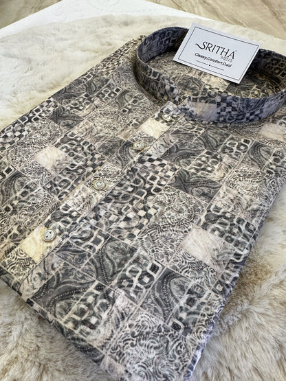 SM0624-01-08 Grey & White Cotton Blend Kurta