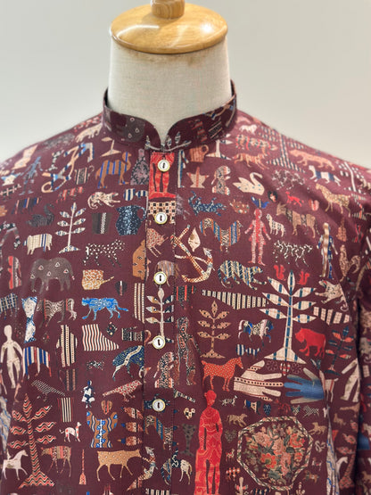 SM0325-01-03 Dark Maroon Ilustration Printed Cotton Kurta