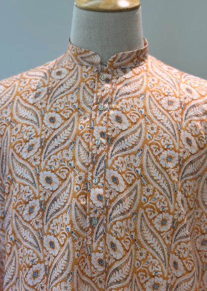SM0325-01-15 Orange White Floral Khadi Silk Kurta