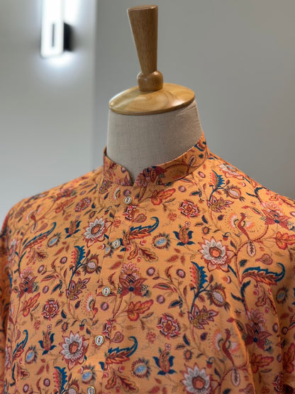 SM0325-01-14  Mustard Orange Floral Khadi Silk Kurta