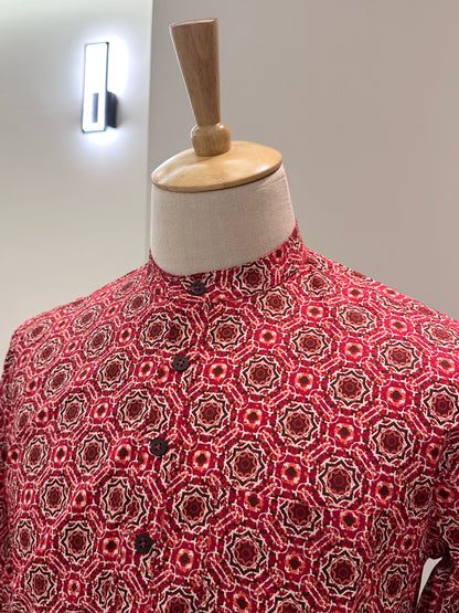 SM0525-15-04 Red Long Sleeve Short Cotton Kurta