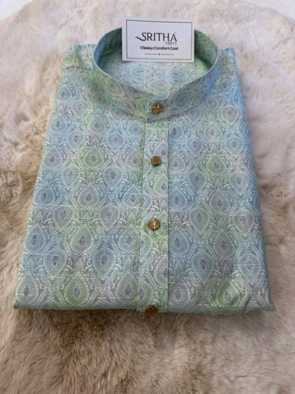 SM1224-01-13 Light Green & Blue Short Sleeve Kurta