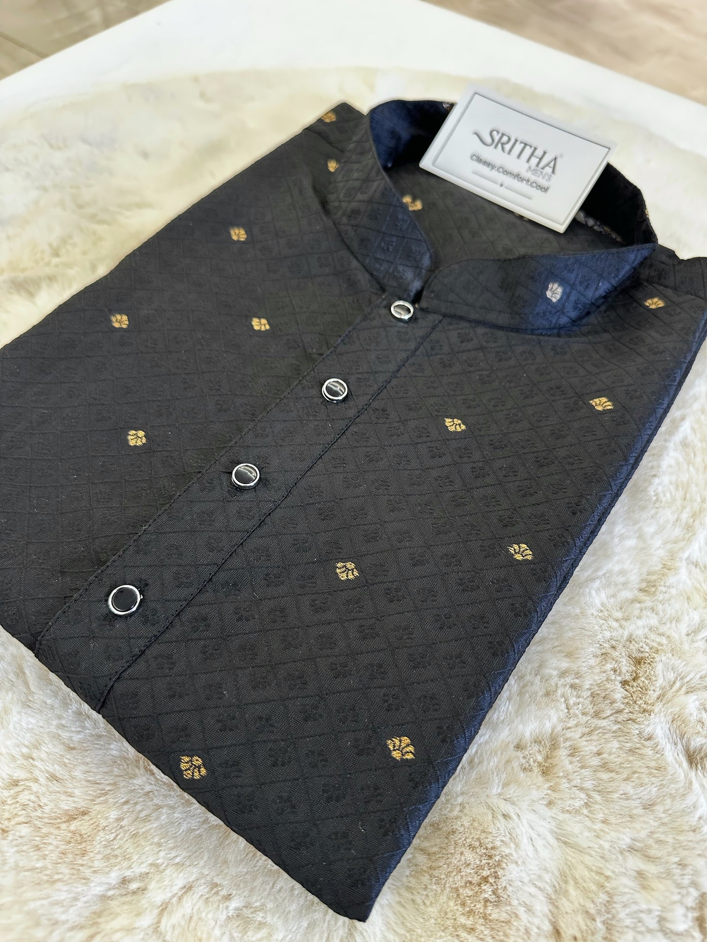 SM1124-02-03 Black & Gold Embossed Print Silk Blend Kurta Set