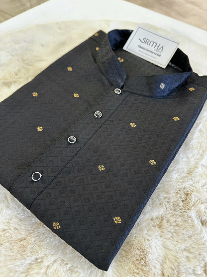 SM1124-02-03 Black & Gold Embossed Print Silk Blend Kurta Set