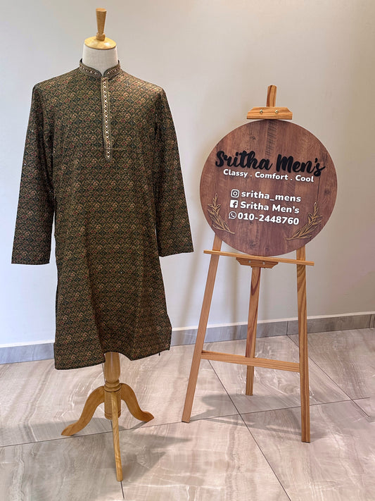 SM0325-06-02 Green Floral Sequins & Mirror Work Soft Cotton Blend Kurta Set