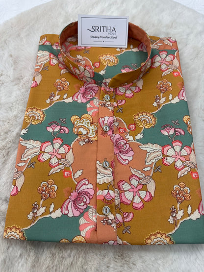 SM0325-01-13 Mustard, Green & Peach Floral Soft Khadi Silk