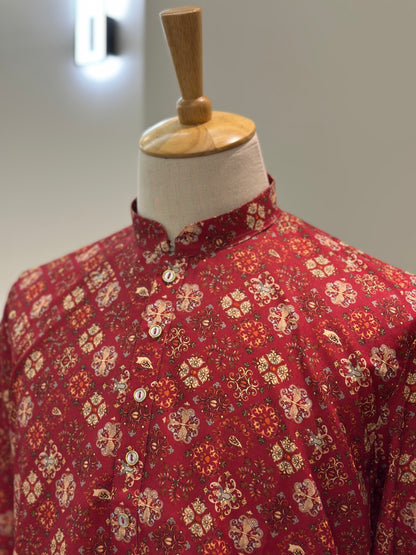 SM0325-01-09 Red Floral Print Cotton Kurta