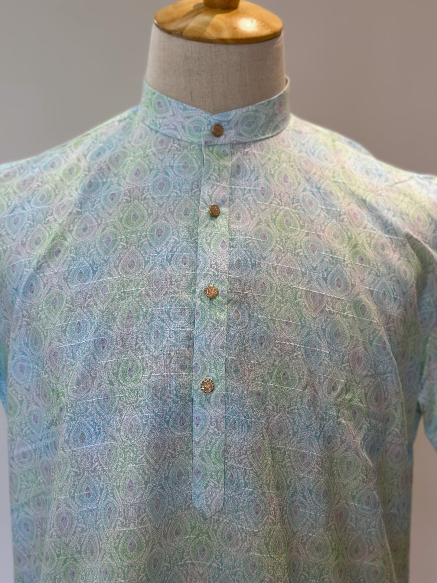SM1224-01-13 Light Green & Blue Short Sleeve Kurta