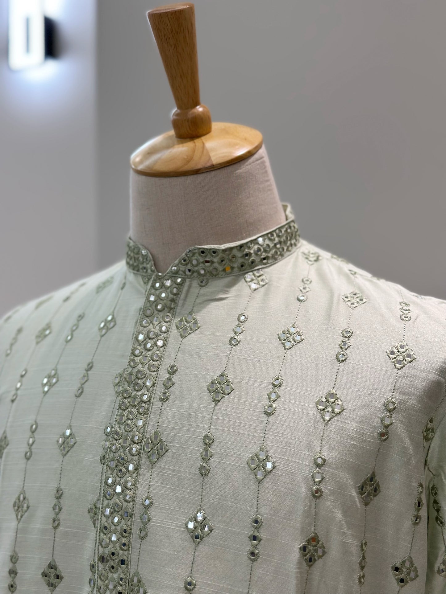 SM0325-06-05 Light Green Grand Mirror Work Soft Cotton Blend Kurta Set