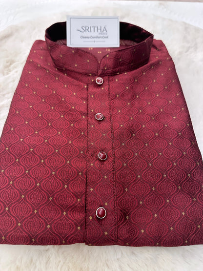 SM0225-02-01 Rich Maroon & Gold Jacquard Silk Blend Kurta Set
