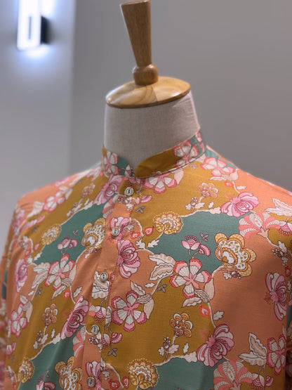 SM0325-01-13 Mustard, Green & Peach Floral Soft Khadi Silk