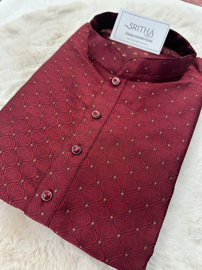 SM0225-02-01 Rich Maroon & Gold Jacquard Silk Blend Kurta Set