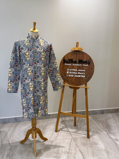 SM1024-01-23 Blue & White Multi Pattern Viscose Kurta