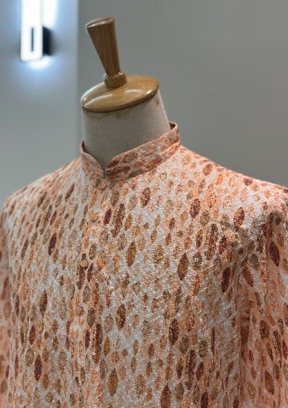SM1124-02-04 Orange & White Cotton Chikan Kurta Set