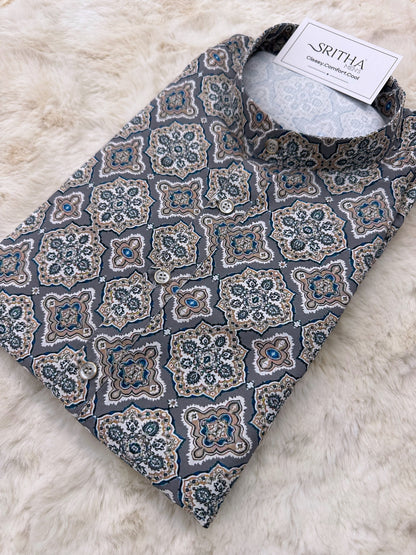 SM1024-01-18 Grey Blue Viscose Print Kurta