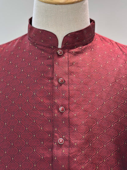 SM0225-02-01 Rich Maroon & Gold Jacquard Silk Blend Kurta Set