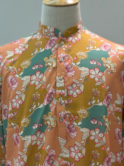 SM0325-01-13 Mustard, Green & Peach Floral Soft Khadi Silk