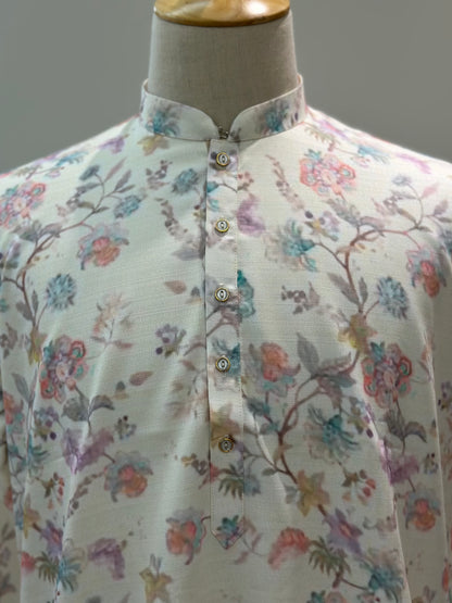 SM0325-01-17 White with Faded Floral Khadi Silk Kurta