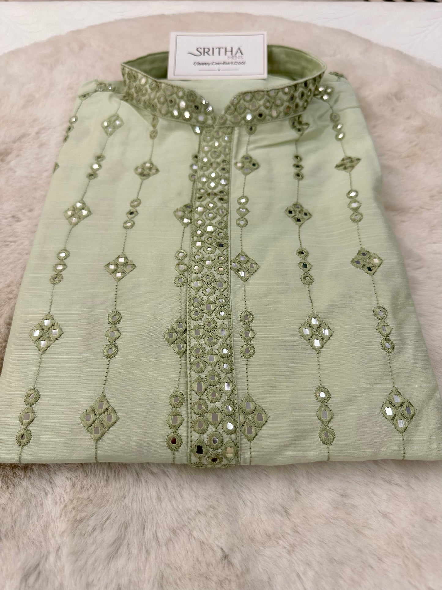 SM0325-06-05 Light Green Grand Mirror Work Soft Cotton Blend Kurta Set