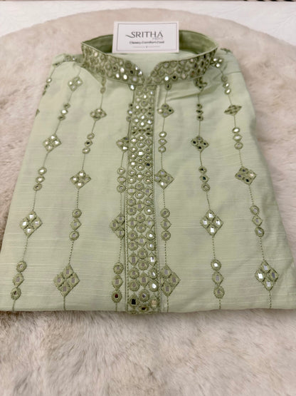 SM0325-06-05 Light Green Grand Mirror Work Soft Cotton Blend Kurta Set