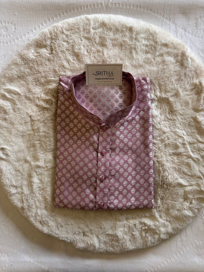 SM0225-02-05 Onion Pink & Silver Jacquard Silk Blend Kurta Set
