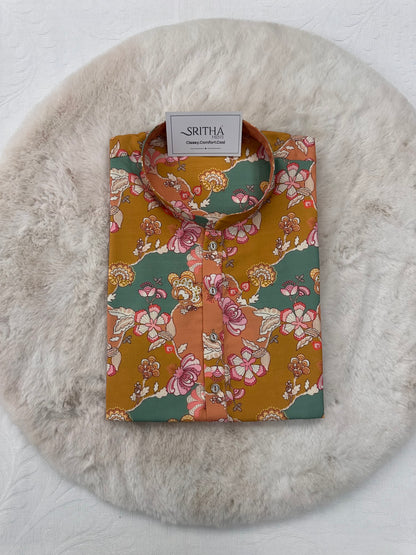 SM0325-01-13 Mustard, Green & Peach Floral Soft Khadi Silk