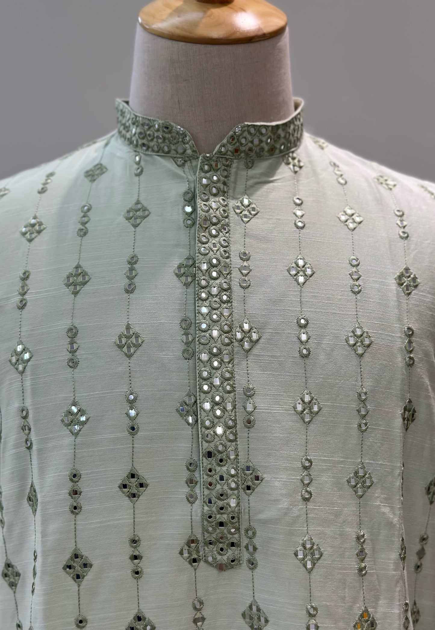 SM0325-06-05 Light Green Grand Mirror Work Soft Cotton Blend Kurta Set