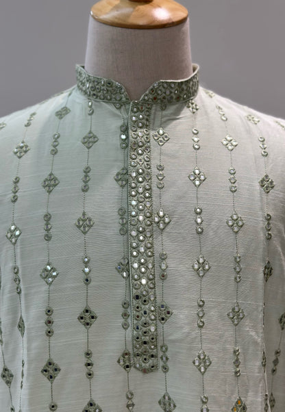 SM0325-06-05 Light Green Grand Mirror Work Soft Cotton Blend Kurta Set
