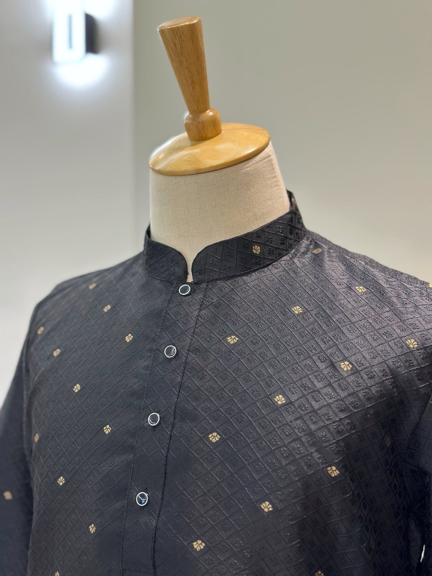 SM1124-02-03 Black & Gold Embossed Print Silk Blend Kurta Set