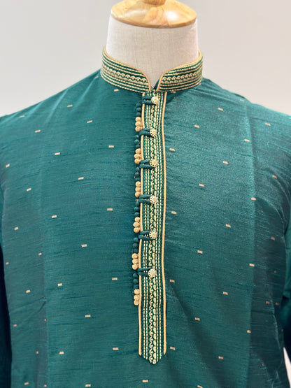 SM0724-04-01 Dark Green & Gold Silk Blend Kurta Set