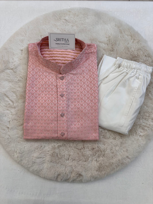SM0425-02-01 Baby Pink Jacquard Silk Blend Kurta Set