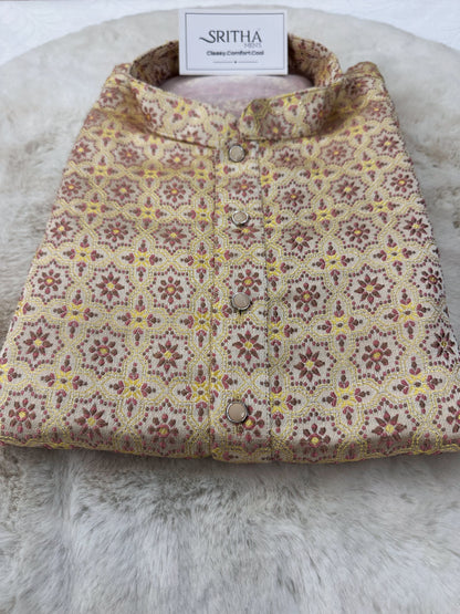 SM0525-02-07 Pastel Yellow & Pink Embroidery Jacquard Silk Kurta Set