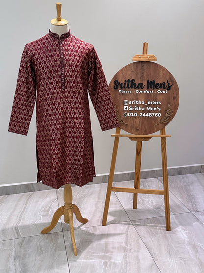 SM0425-02-07 Dark Maroon Red & Gold Jacquard Silk with Full Cotton Lining