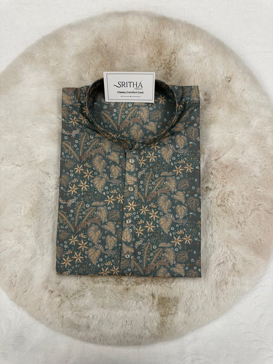 SM1224-01-10 Grey Green Floral Print Soft Cotton Kurta