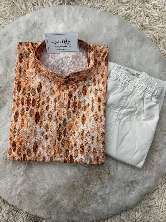 SM1124-02-04 Orange & White Cotton Chikan Kurta Set
