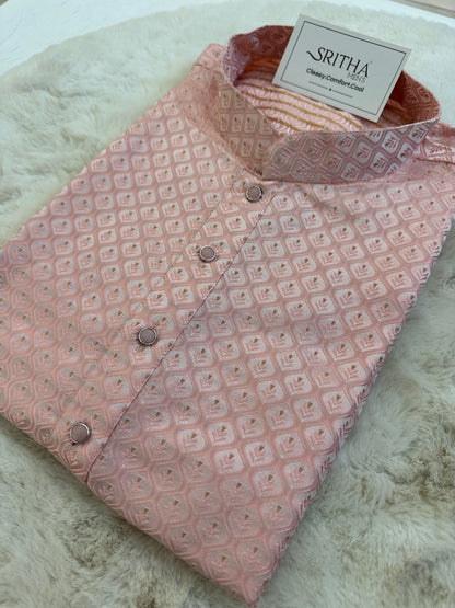 SM0425-02-01 Baby Pink Jacquard Silk Blend Kurta Set