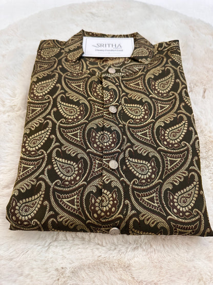 SM0225-03-02 Brown Green Cotton Silk Kurta