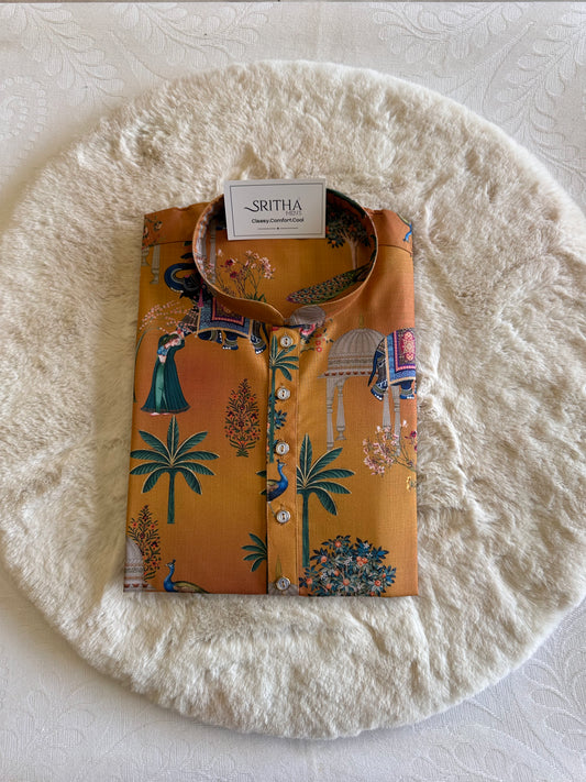 SM0925-01-10 Mustard Heritage Print Cotton Kurta
