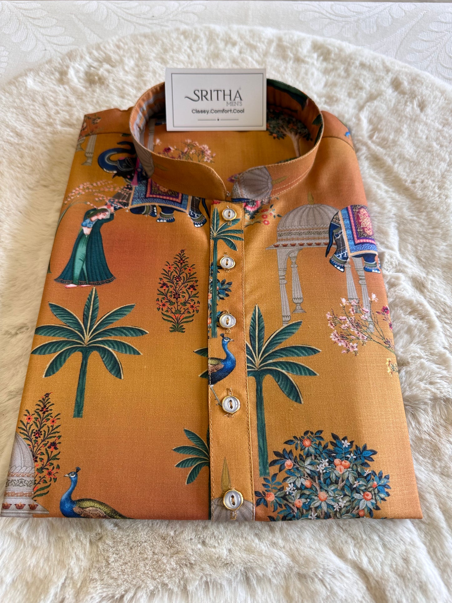SM0925-01-10 Mustard Heritage Print Cotton Kurta