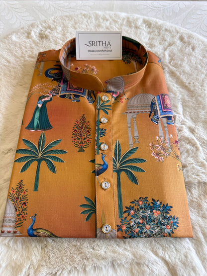 SM0925-01-10 Mustard Heritage Print Cotton Kurta