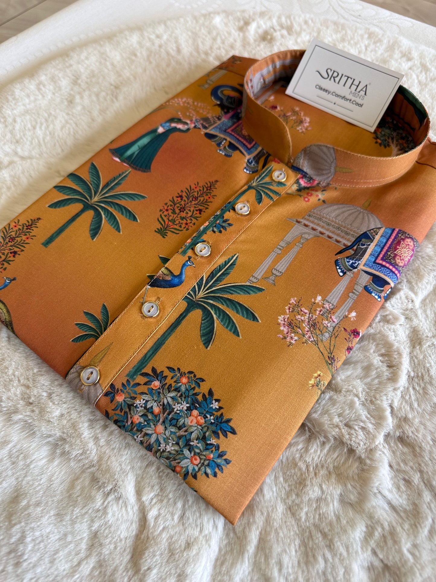 SM0925-01-10 Mustard Heritage Print Cotton Kurta